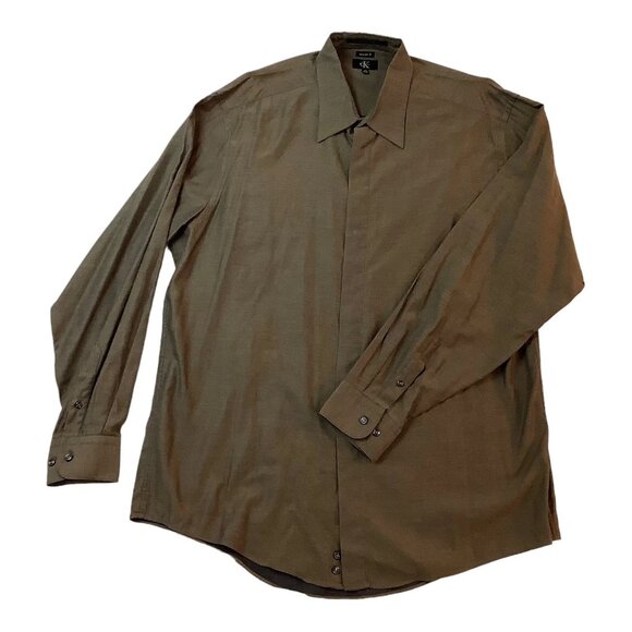Calvin Klein Tailored Fit Mens Button Up Shirt 100% Cotton Size 17-34/35 Green - Picture 1 of 8